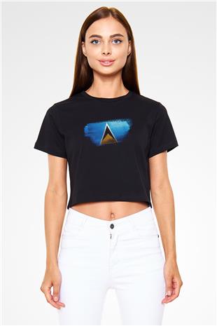 Saint Lucia Bayrağı Baskılı Kadın Crop Top Siyah Tişört