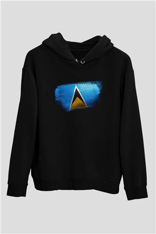 Saint Lucia Bayrağı Baskılı Unisex Siyah Kapüşonlu Sweatshirt