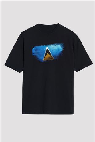 Saint Lucia Bayrağı Baskılı Unisex Siyah Oversize Tişört