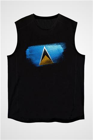 Saint Lucia Bayrağı Baskılı Unisex Siyah Kolsuz Tişört