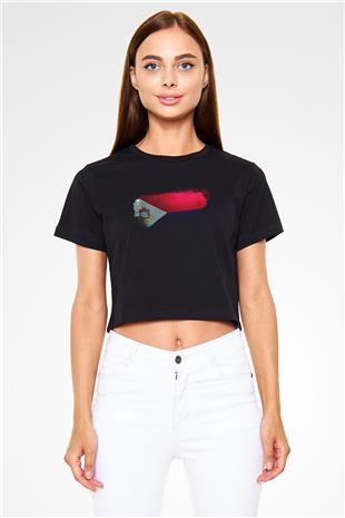 Saint Martin Bayrağı Baskılı Kadın Crop Top Siyah Tişört