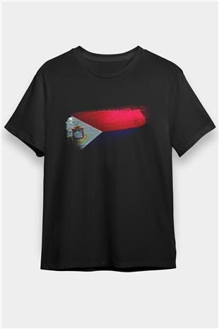 Saint Martin Bayrağı Baskılı Unisex Siyah Tişört