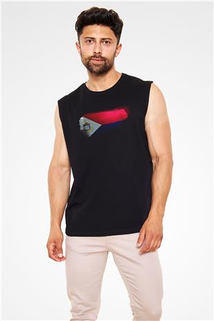 Saint Martin Bayrağı Baskılı Unisex Siyah Kolsuz Tişört