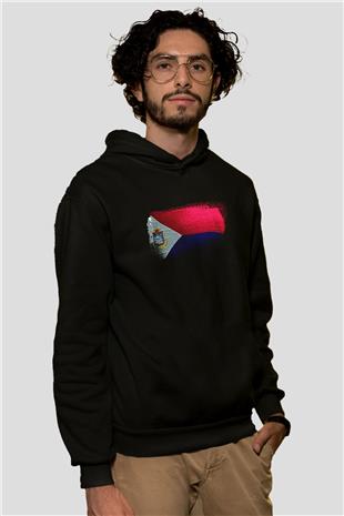 Saint Martin Bayrağı Baskılı Unisex Siyah Kapüşonlu Sweatshirt