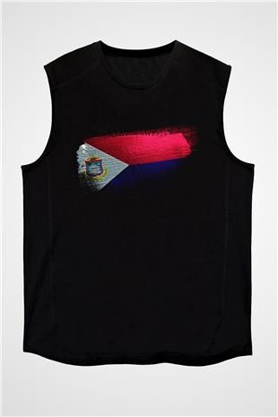 Saint Martin Bayrağı Baskılı Unisex Siyah Kolsuz Tişört