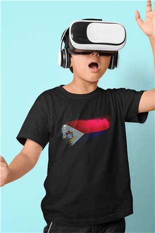 Saint Martin Bayrağı Baskılı Unisex Siyah Çocuk Tişörtü