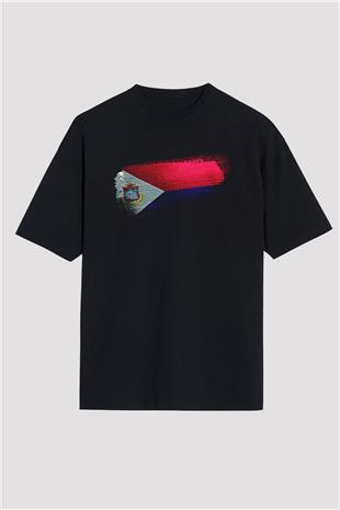 Saint Martin Bayrağı Baskılı Unisex Siyah Oversize Tişört