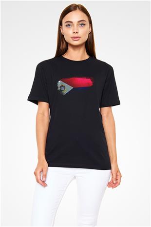 Saint Martin Bayrağı Baskılı Unisex Siyah Tişört