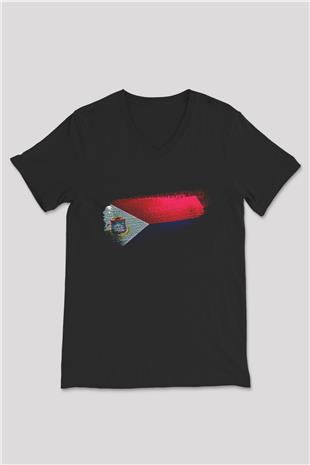 Saint Martin Bayrağı Baskılı Unisex Siyah V Yaka Tişört