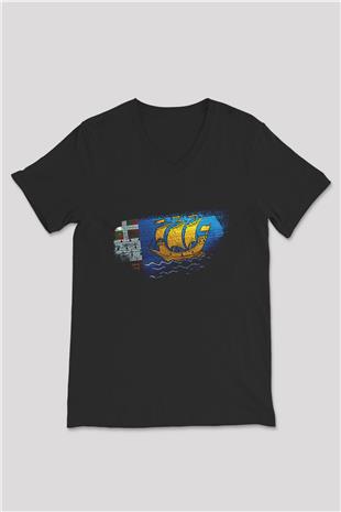 Saint Pierre ve Miquelon Bayrağı Baskılı Unisex Siyah V Yaka Tişört