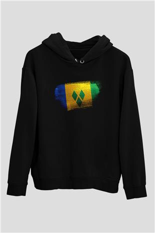 Saint Vincent ve Grenadinler Bayrağı Baskılı Unisex Siyah Kapüşonlu Sweatshirt