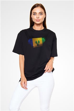 Saint Vincent ve Grenadinler Bayrağı Baskılı Unisex Siyah Oversize Tişört