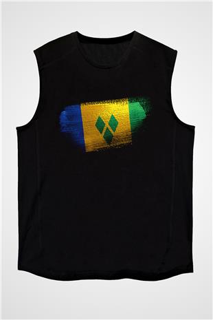 Saint Vincent ve Grenadinler Bayrağı Baskılı Unisex Siyah Kolsuz Tişört