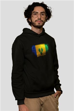 Saint Vincent ve Grenadinler Bayrağı Baskılı Unisex Siyah Kapüşonlu Sweatshirt