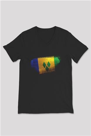Saint Vincent ve Grenadinler Bayrağı Baskılı Unisex Siyah V Yaka Tişört