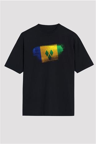 Saint Vincent ve Grenadinler Bayrağı Baskılı Unisex Siyah Oversize Tişört