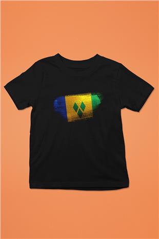 Saint Vincent ve Grenadinler Bayrağı Baskılı Unisex Siyah Çocuk Tişörtü