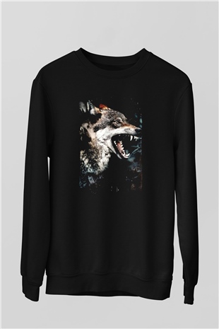 Saldırgan Kurt Baskılı Unisex Siyah  Sweatshirt