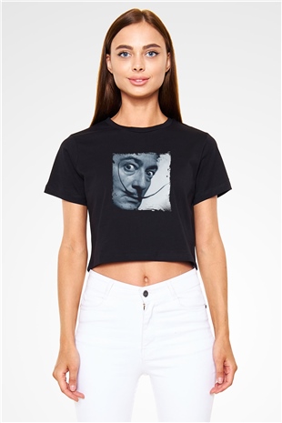 Salvador Dali Baskılı Siyah Kadın Crop Top Tişört