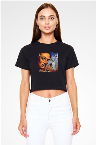 Salvador Dali Baskılı Siyah Kadın Crop Top Tişört