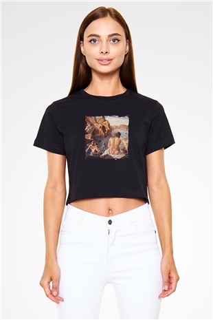 Salvador Dali Baskılı Siyah Kadın Crop Top Tişört