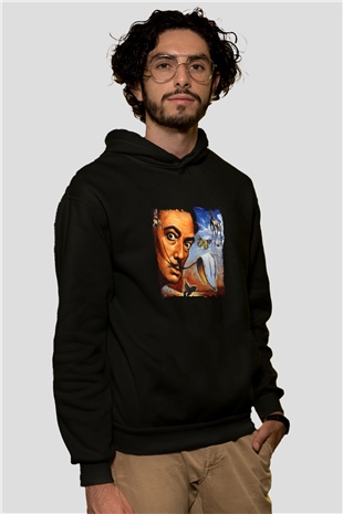 Salvador Dali Baskılı Unisex Siyah Hoodie
