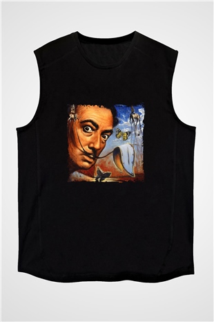 Salvador Dali Baskılı Unisex Siyah Kolsuz Tişört