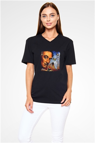 Salvador Dali Baskılı Unisex Siyah V Yaka Tişört