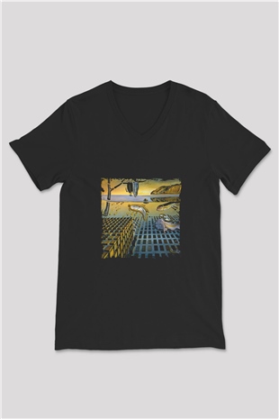Salvador Dali Baskılı Unisex Siyah V Yaka Tişört