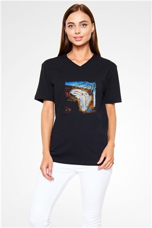 Salvador Dali Baskılı Unisex Siyah V Yaka Tişört