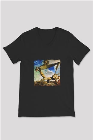 Salvador Dali Baskılı Unisex Siyah V Yaka Tişört