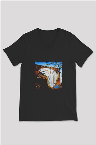 Salvador Dali Baskılı Unisex Siyah V Yaka Tişört