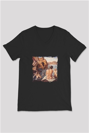 Salvador Dali Baskılı Unisex Siyah V Yaka Tişört