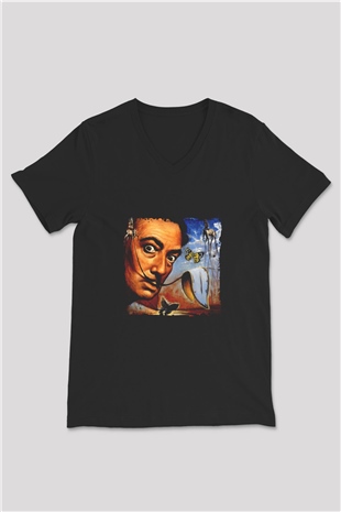 Salvador Dali Baskılı Unisex Siyah V Yaka Tişört