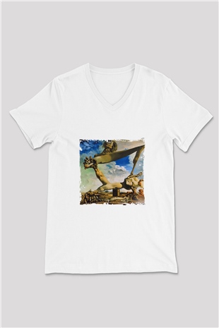 Salvador Dali Baskılı V Yaka Unisex Beyaz Tişört