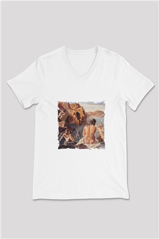 Salvador Dali Baskılı V Yaka Unisex Beyaz Tişört
