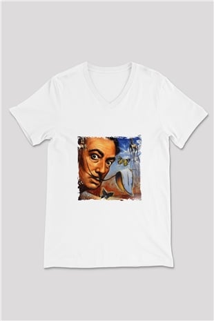 Salvador Dali Baskılı V Yaka Unisex Beyaz Tişört