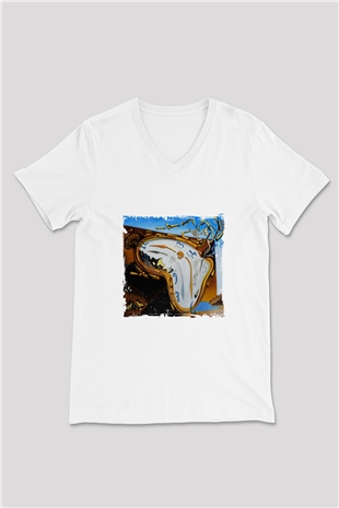 Salvador Dali Baskılı V Yaka Unisex Beyaz Tişört