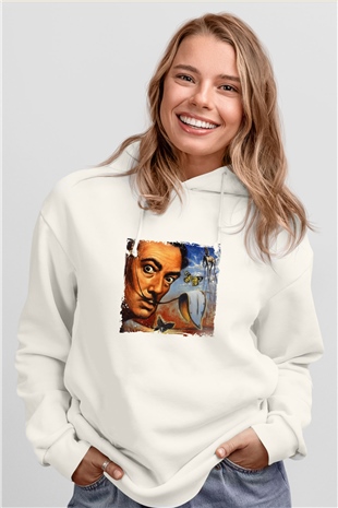 Salvador Dali Unisex Baskılı Beyaz Kapüşonlu Sweatshirt