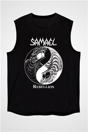 Samael Baskılı Unisex Siyah Kolsuz Tişört - Tshirt