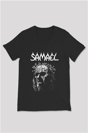 Samael Baskılı Unisex Siyah V Yaka Tişört - Tshirt