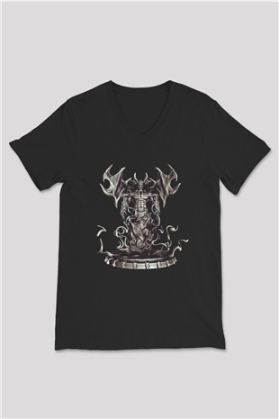 Samael Baskılı Unisex Siyah V Yaka Tişört - Tshirt