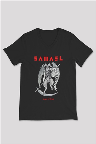 Samael Baskılı Unisex Siyah V Yaka Tişört - Tshirt