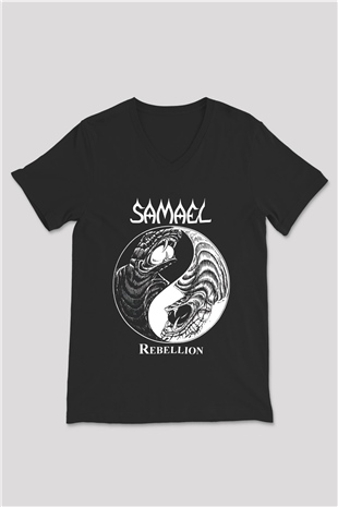 Samael Baskılı Unisex Siyah V Yaka Tişört - Tshirt
