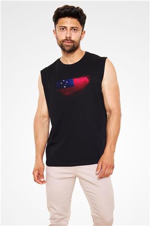 Samoa Bayrağı Baskılı Unisex Siyah Kolsuz Tişört