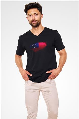 Samoa Bayrağı Baskılı Unisex Siyah V Yaka Tişört