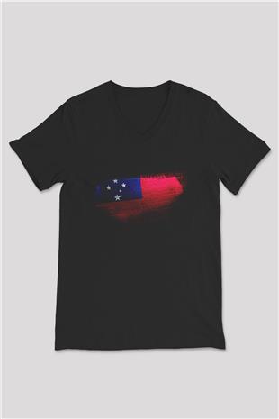 Samoa Bayrağı Baskılı Unisex Siyah V Yaka Tişört