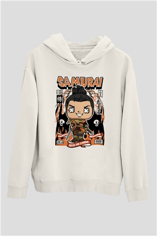 Samurai Baskılı Unisex Beyaz Hoodie