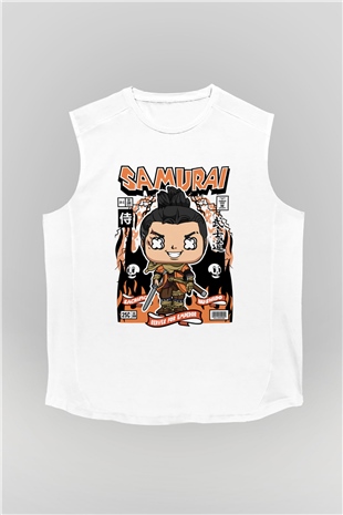Samurai Baskılı Unisex Beyaz Kolsuz Tişört