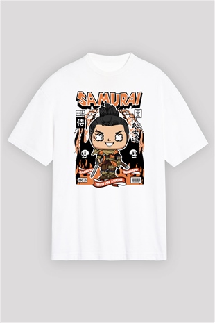 Samurai Baskılı Unisex Beyaz Oversize Tişört